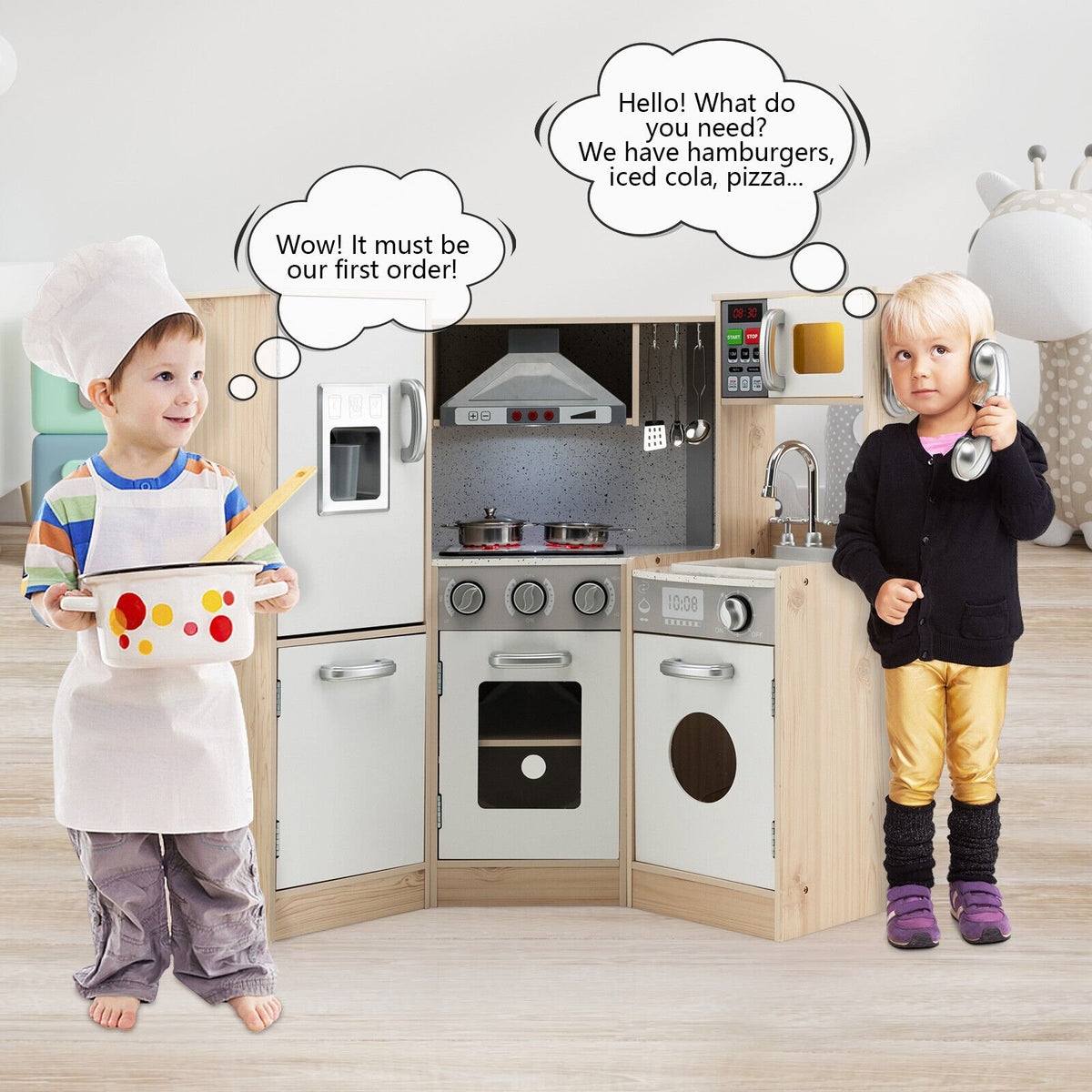 Kids Corner Wooden Kitchen Playset with Cookware Accessories view 2