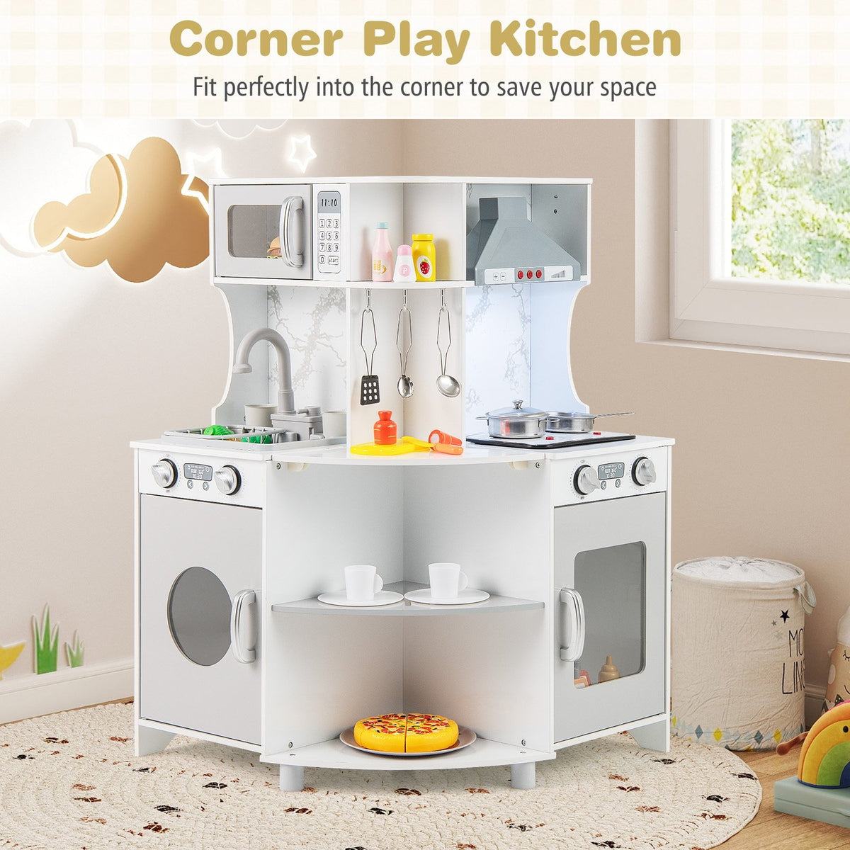 Kids Corner Wooden Play Kitchen with Range Hood and Stoves-Gray view 2