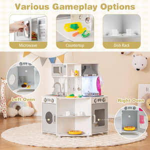 Kids Corner Wooden Play Kitchen with Range Hood and Stoves-Gray view 4