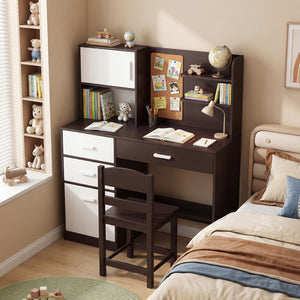 Kids Desk and Chair Set with Bulletin Board and 3 Drawers 2 Storage Cabinets-Rustic Brown view 3