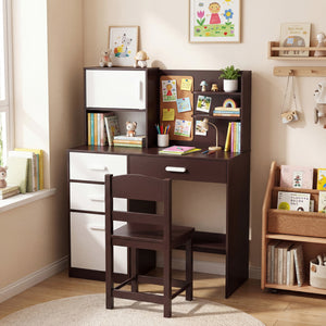 Kids Desk and Chair Set with Bulletin Board and 3 Drawers 2 Storage Cabinets-Rustic Brown view 6