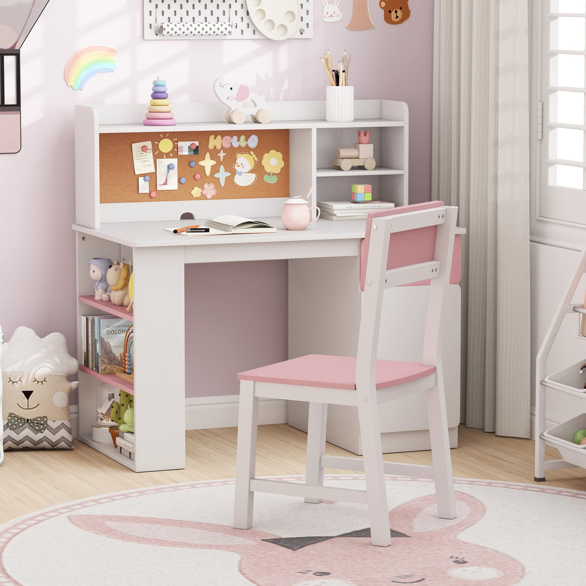 Kids Desk and Chair Set with Hutch and 3-Layer Side Shelf-Pink view 2