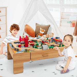100-Piece Double-Sided Wooden Train Set Table with Storage Drawer for Kids Age 3 + view 2