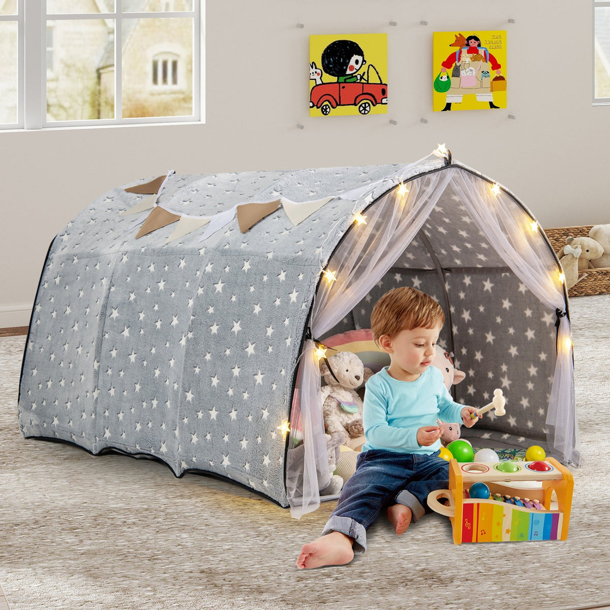 Kids Dream Bed Tent Twin Bunk Bed with Glow in the Dark Stars and Lights-Gray view 2