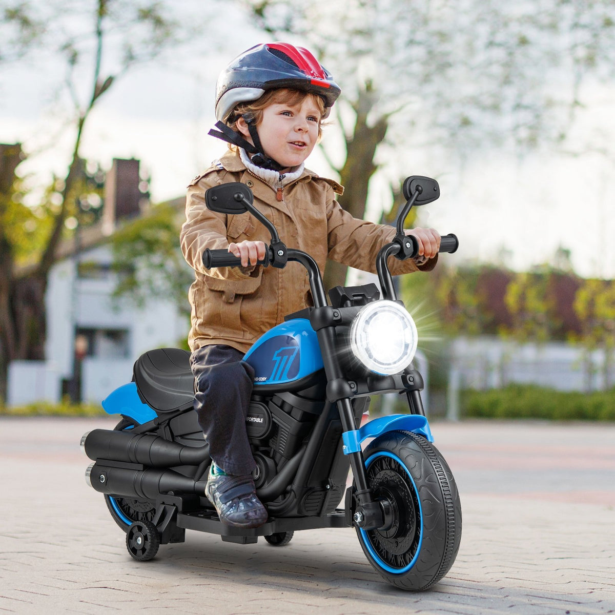 Kids Electric Motorcycle with Training Wheels and LED Headlights-Blue view 2