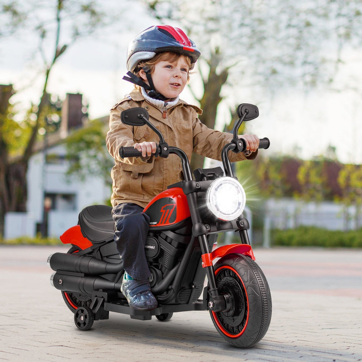 Kids Electric Motorcycle with Training Wheels and LED Headlights-Red view 2