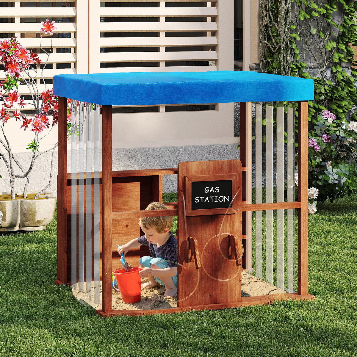 Kids Gas Station Playhouse with Gas Refueling Guns for Aged 3+-Brown view 2