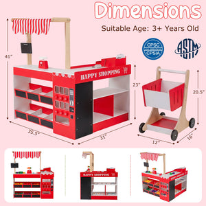 Kids Grocery Store Playset Wooden Pretend Play Supermarket with Shopping Cart-Red view 4