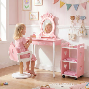 Kids Hair Salon Play Set with LED Lighted Mirror Wooden Pretend Hair Salon Station with Swivel Barber Chair-Pink view 2