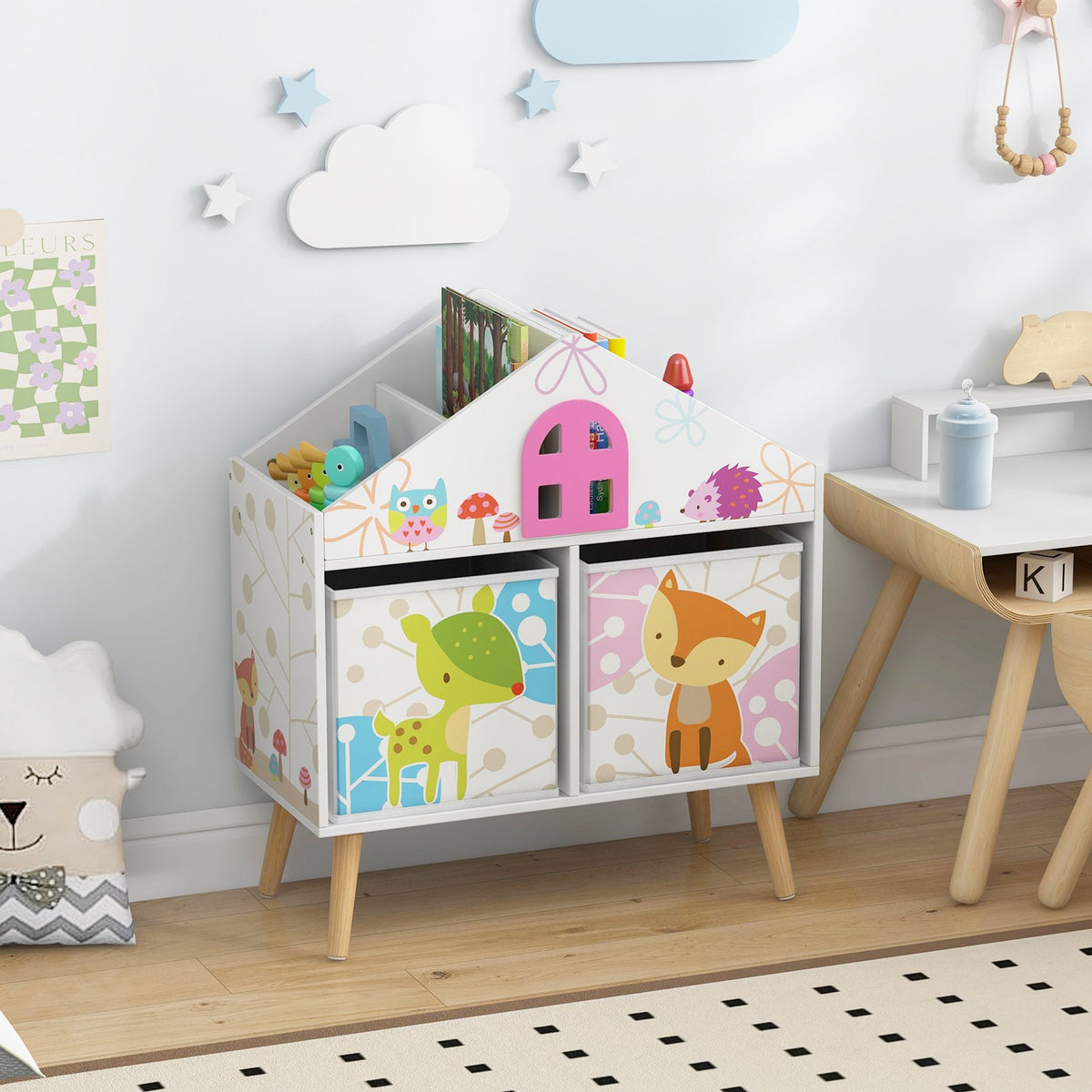Kids House-shaped Bookshelf with 2 Storage Bins for Kids Room Playroom-White view 2