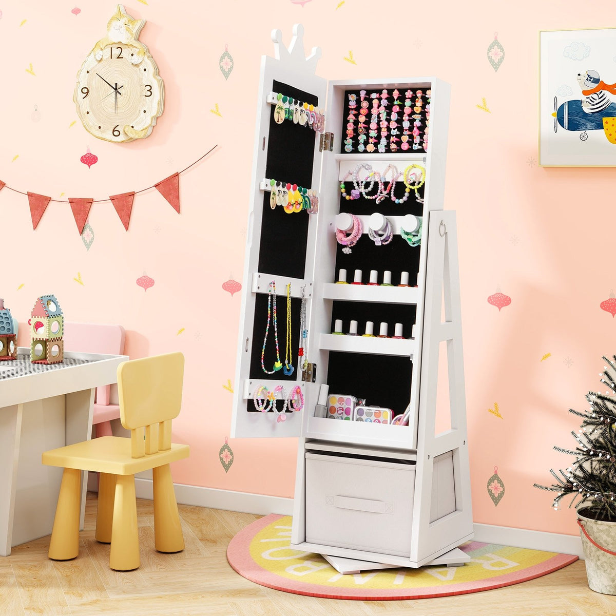 Kids Jewelry Armoire Cabinet with Large Storage Capacity and Swivel Base-White view 2