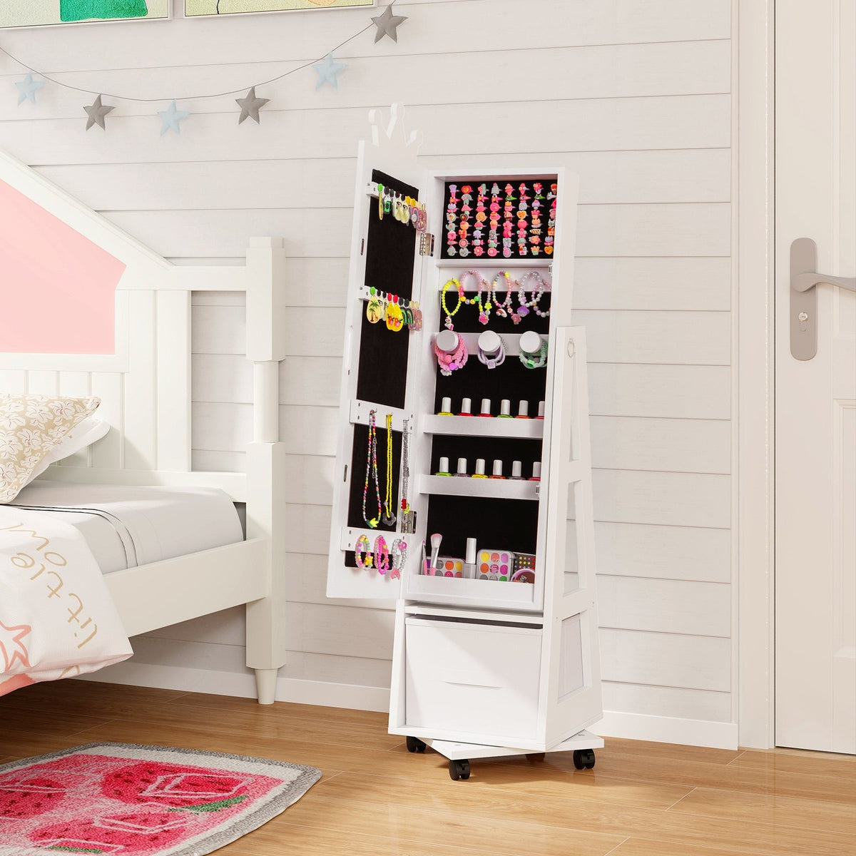 Kids Jewelry Armoire Cabinet with Swivel Base and Lockable Universal Wheels-White view 2
