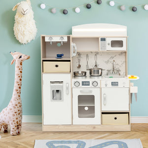 Kids Kitchen Playset with Adjustable LED Lights Removable Fabric Bins-White view 2