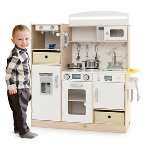 Kids Kitchen Playset with Adjustable LED Lights Removable Fabric Bins-White view 3