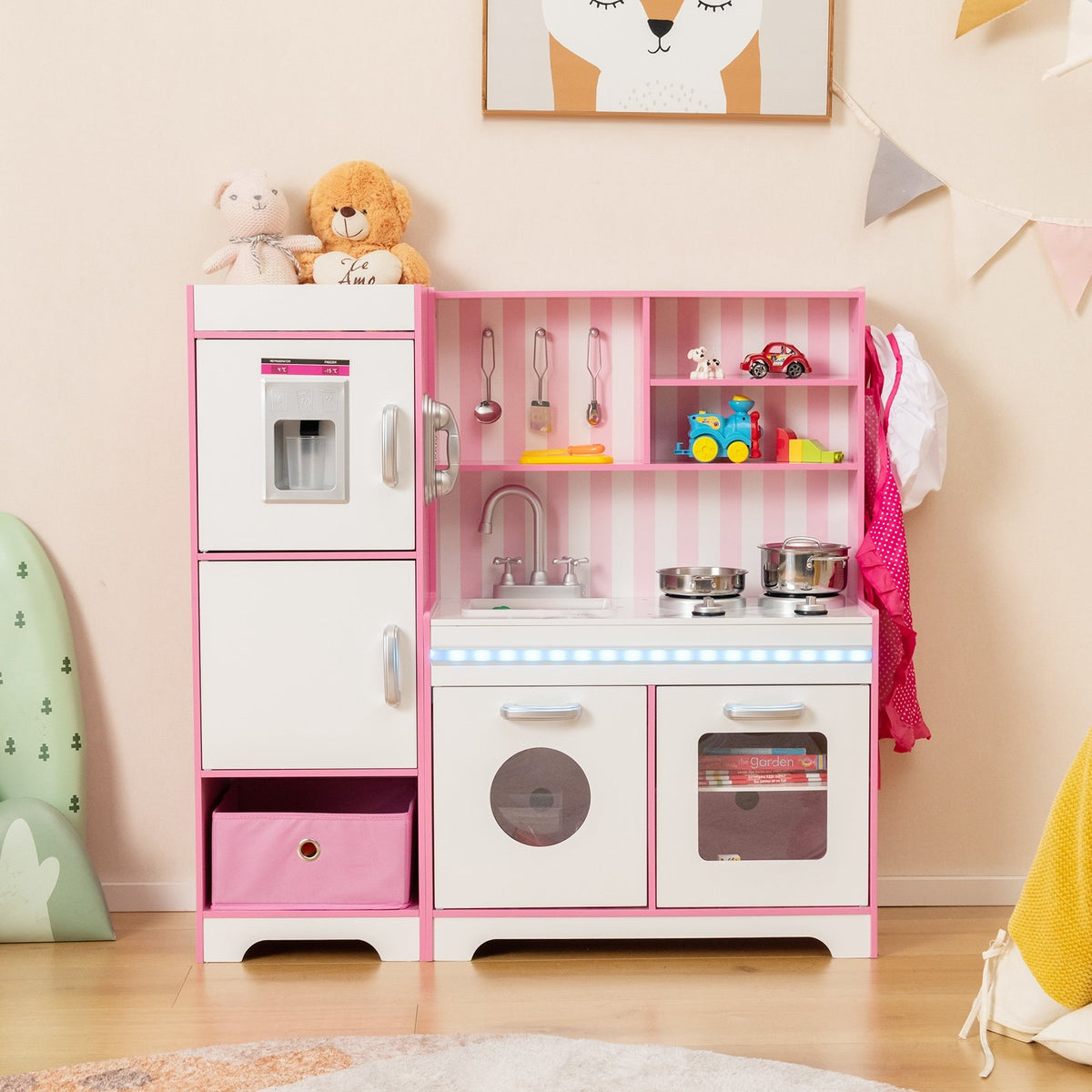 Kids Kitchen Playset Wooden Toy with Adjustable LED Lights and Washing Machine-Pink view 2