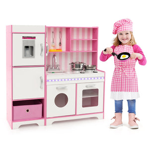Kids Kitchen Playset Wooden Toy with Adjustable LED Lights and Washing Machine-Pink view 3
