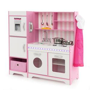 Kids Kitchen Playset Wooden Toy with Adjustable LED Lights and Washing Machine-Pink view 4
