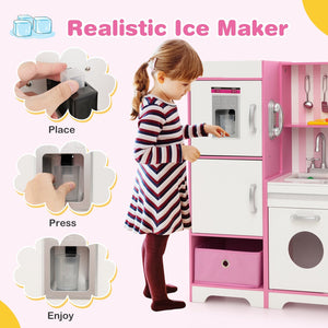 Kids Kitchen Playset Wooden Toy with Adjustable LED Lights and Washing Machine-Pink view 6