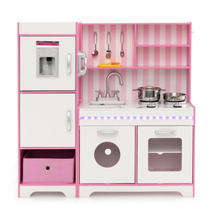 Kids Kitchen Playset Wooden Toy with Adjustable LED Lights and Washing Machine-Pink view 9