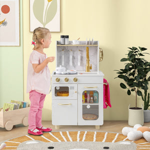 Kids Kitchen Set Pretend Play Kitchen with Stoves Faucet Sink Telephone Microwave and Oven-White view 2