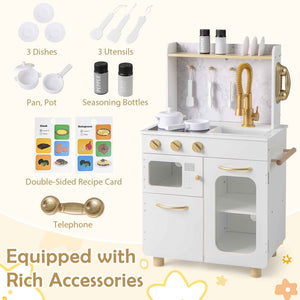 Kids Kitchen Set Pretend Play Kitchen with Stoves Faucet Sink Telephone Microwave and Oven-White view 7