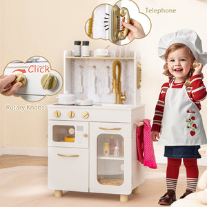 Kids Kitchen Set Pretend Play Kitchen with Stoves Faucet Sink Telephone Microwave and Oven-White view 9