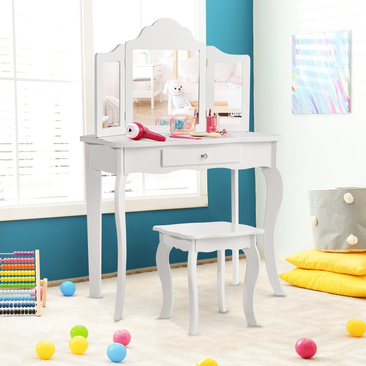 Mini Makeup Dressing Mirror Vanity Table Stool Set view 2