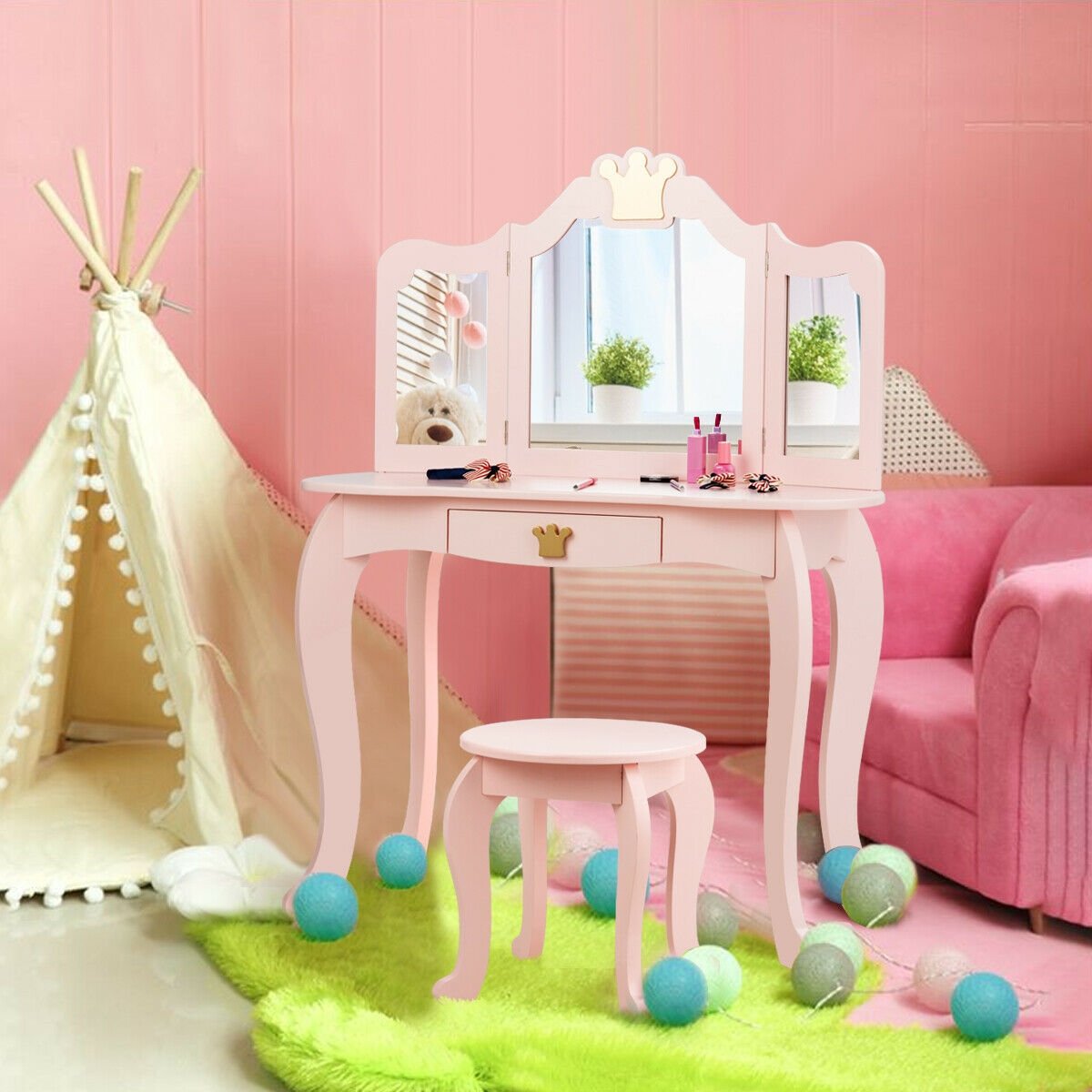 Kids Makeup Dressing Table with Tri-folding Mirror and Stool-Pink view 2