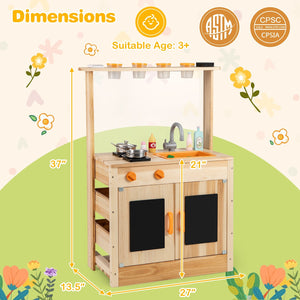 Kids Mud Kitchen Fir Wood Playset with Planting Pots and Blackboards-Natural view 4