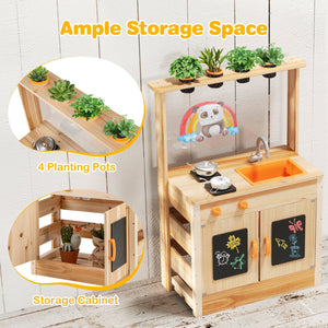 Kids Mud Kitchen Fir Wood Playset with Planting Pots and Blackboards-Natural view 7