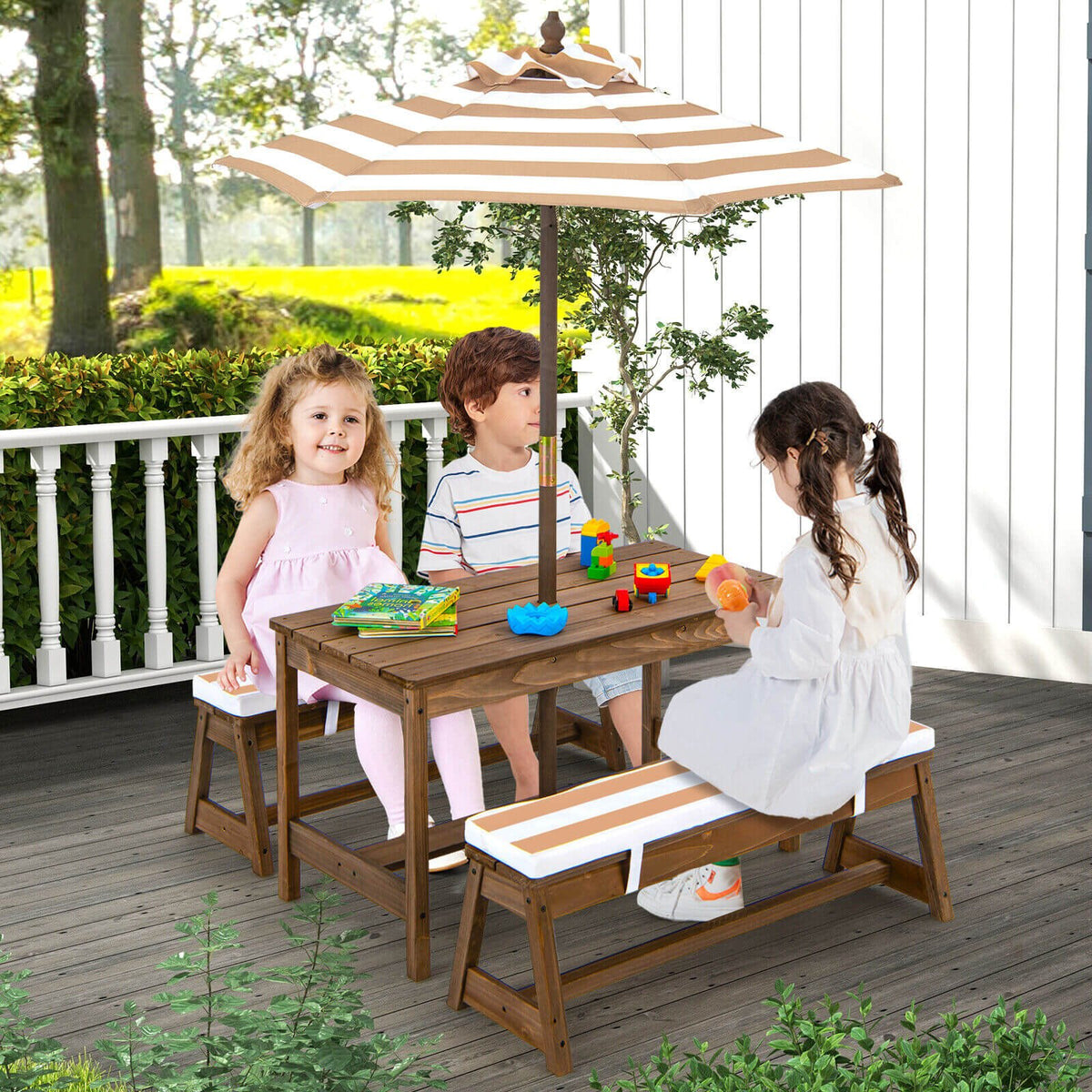 Kids Picnic Table and Bench Set with Cushions and Height Adjustable Umbrella-Brown view 2