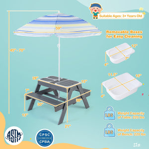 Kids Picnic Table Set with 3 Removable Bins-Gray view 5