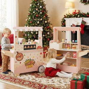 Kids Pizza Food Truck Wooden Pretend Play Snack Cart with Oven-Pink view 3