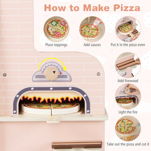 Kids Pizza Food Truck Wooden Pretend Play Snack Cart with Oven-Pink view 8