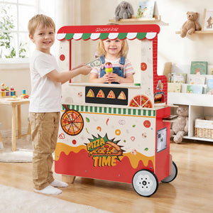 Kids Pizza Food Truck Wooden Pretend Play Snack Cart with Oven-Red view 3