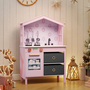 Kids Play Kitchen Children Toy Kitchen Playset with 2 Stoves and Rotation Knobs-Pink view 2
