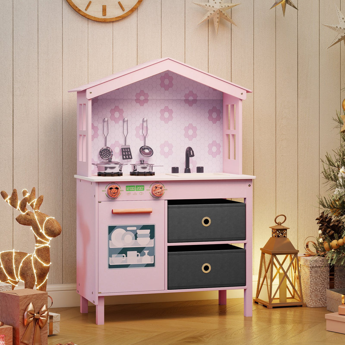 Kids Play Kitchen Children Toy Kitchen Playset with 2 Stoves and Rotation Knobs-Pink view 2