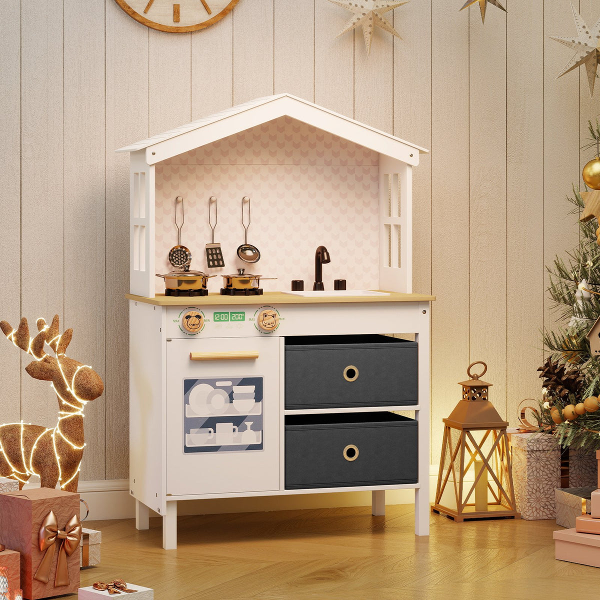 Kids Play Kitchen Children Toy Kitchen Playset with 2 Stoves and Rotation Knobs-White view 2