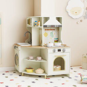 Kids Play Kitchen Wooden Corner Kitchen Playset with Working Faucet and Sink-Beige view 2