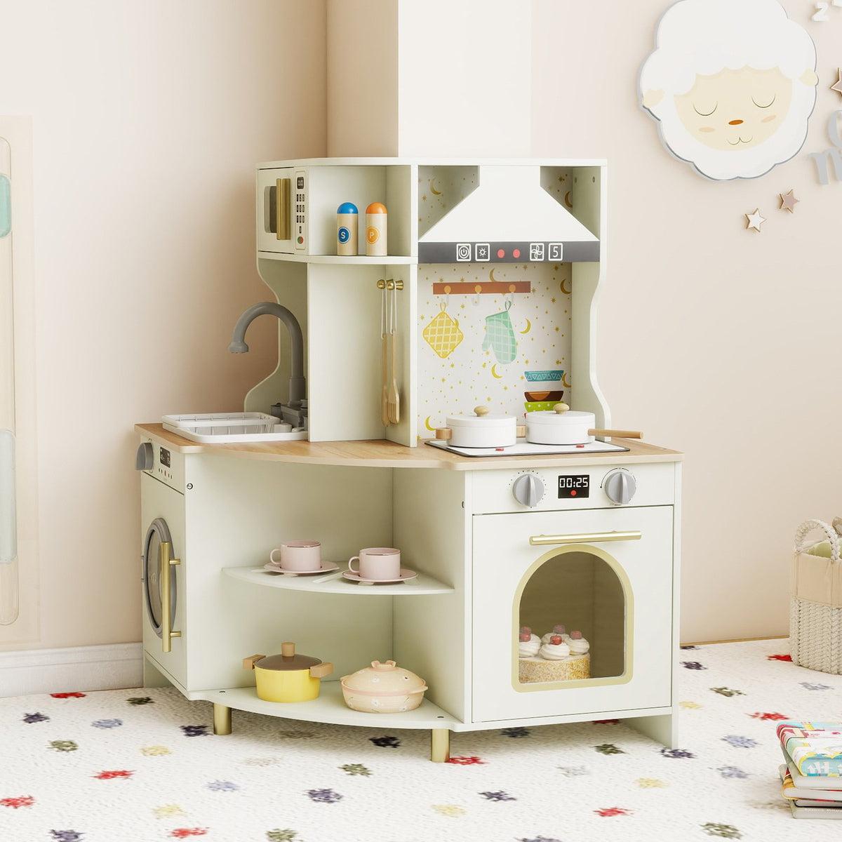 Kids Play Kitchen Wooden Corner Kitchen Playset with Working Faucet and Sink-Beige view 2