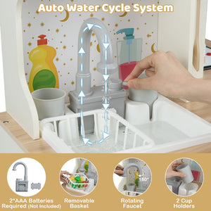 Kids Play Kitchen Wooden Corner Kitchen Playset with Working Faucet and Sink-Beige view 4