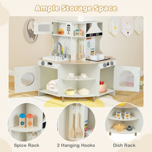 Kids Play Kitchen Wooden Corner Kitchen Playset with Working Faucet and Sink-Beige view 7