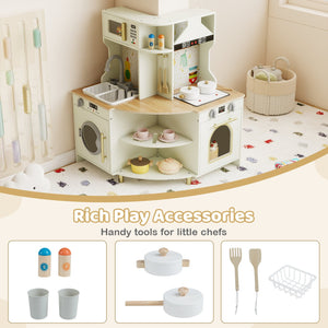 Kids Play Kitchen Wooden Corner Kitchen Playset with Working Faucet and Sink-Beige view 8