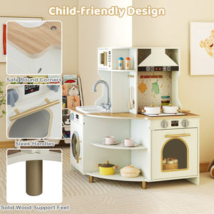 Kids Play Kitchen Wooden Corner Kitchen Playset with Working Faucet and Sink-Beige view 9