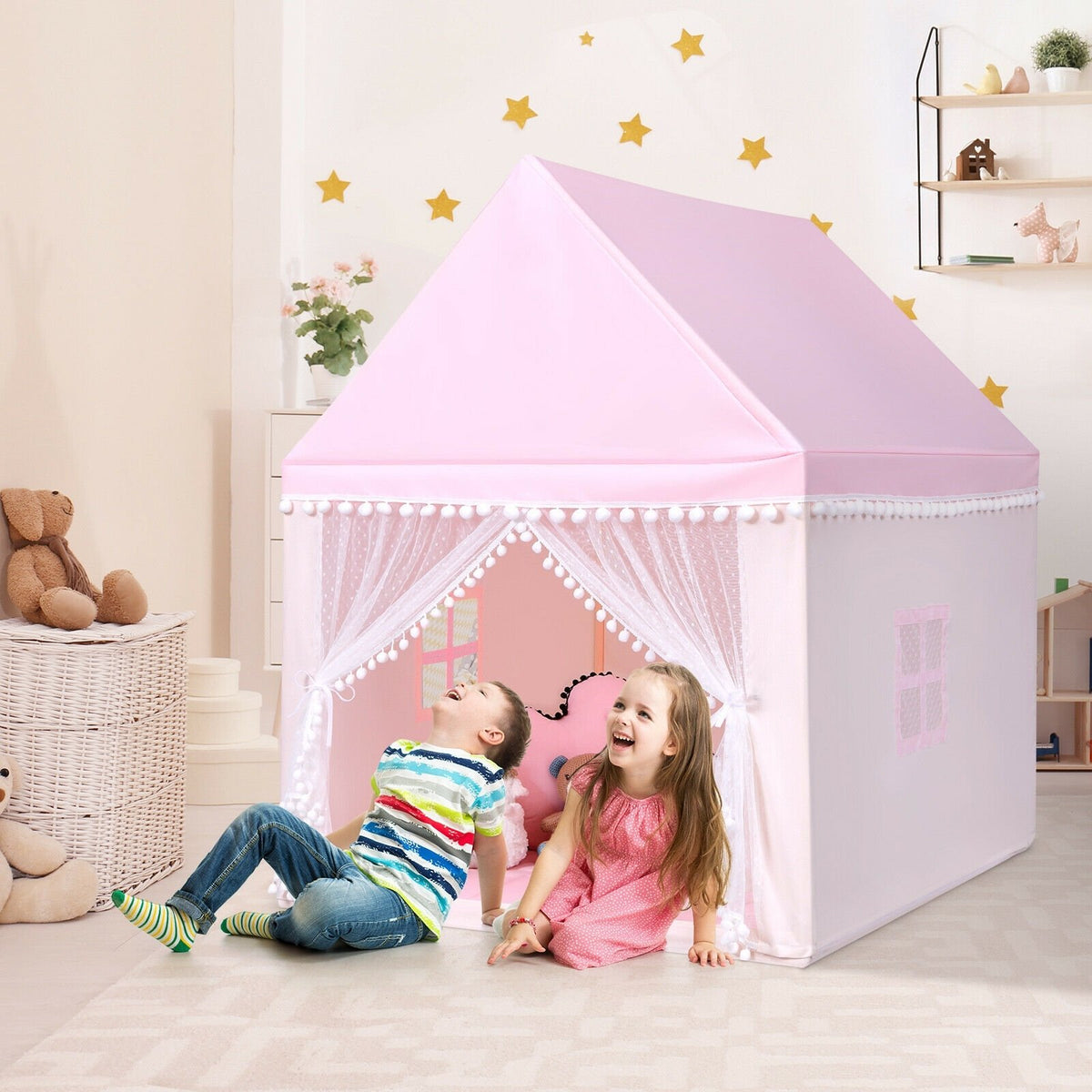 Kids Play Tent Large Playhouse Children Play Castle Fairy Tent Gift with Mat-Pink view 2