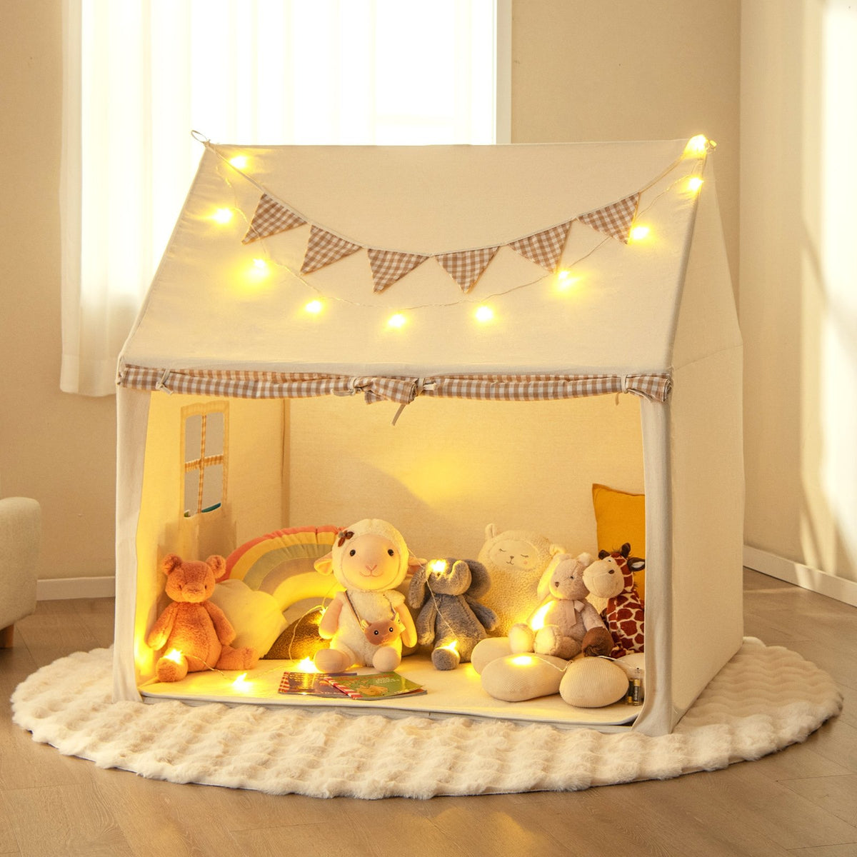 Kids Play Tent Large Playhouse with Padded Mat and 2 Breathable Windows-Beige view 2