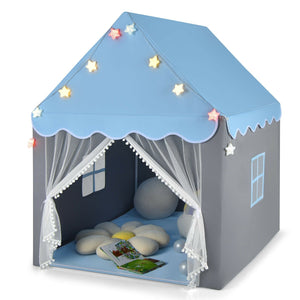Kids Playhouse Tent with Star Lights and Mat-Blue view 4