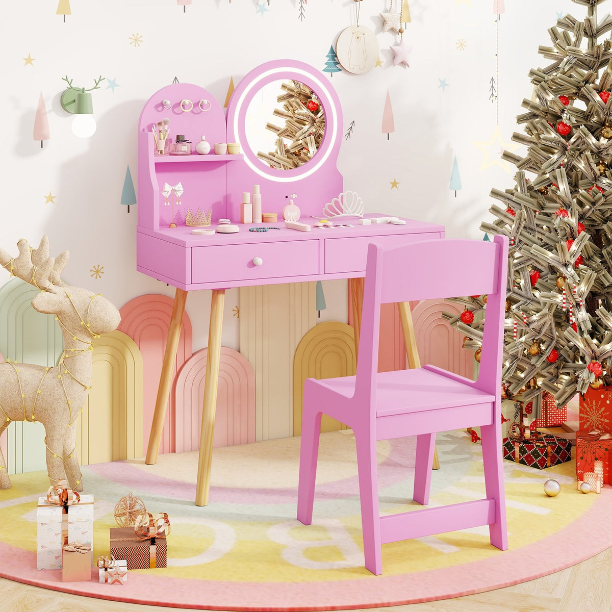 Kids Princess Makeup Dressing Desk and Chair Set with Mirror and Lights-Pink view 2