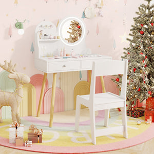 Kids Princess Makeup Dressing Desk and Chair Set with Mirror and Lights-White view 2