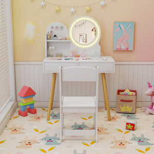 Kids Princess Makeup Dressing Desk and Chair Set with Mirror and Lights-White view 3